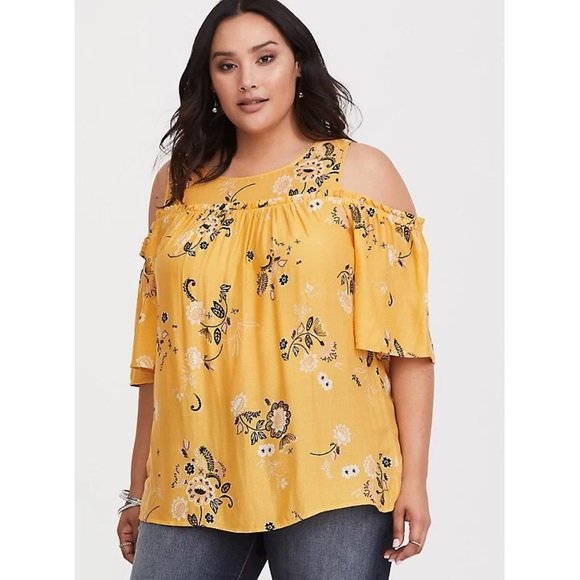 torrid Tops - V023 Torrid Yellow Floral Gauze Cold Shoulder Blouse